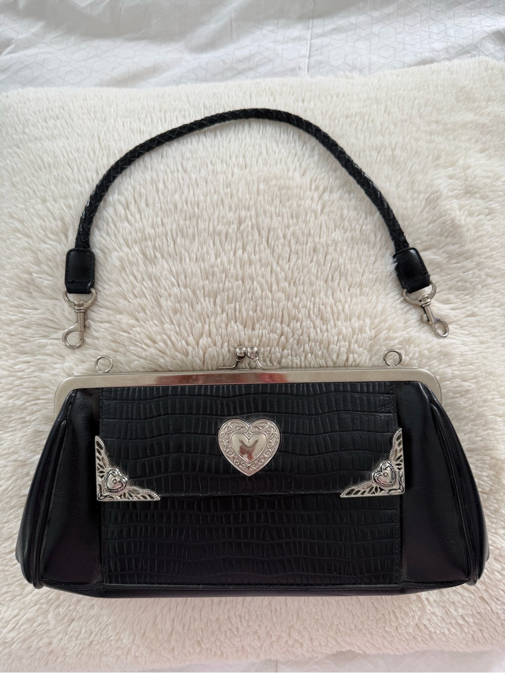 Langoon Leather Black Croc Embossed Heart Kiss Lock Shoulder Bag Western Y2K